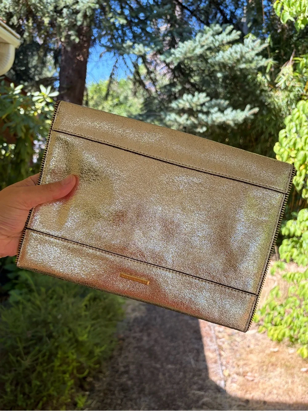Rebecca Minkoff silver Metallic Leo Zipper Trim Envelope Clutch